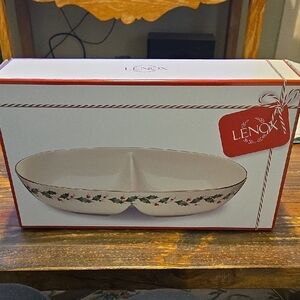 Lenox Festive Holly Divided Serving Bowl 13 Inches New In Box